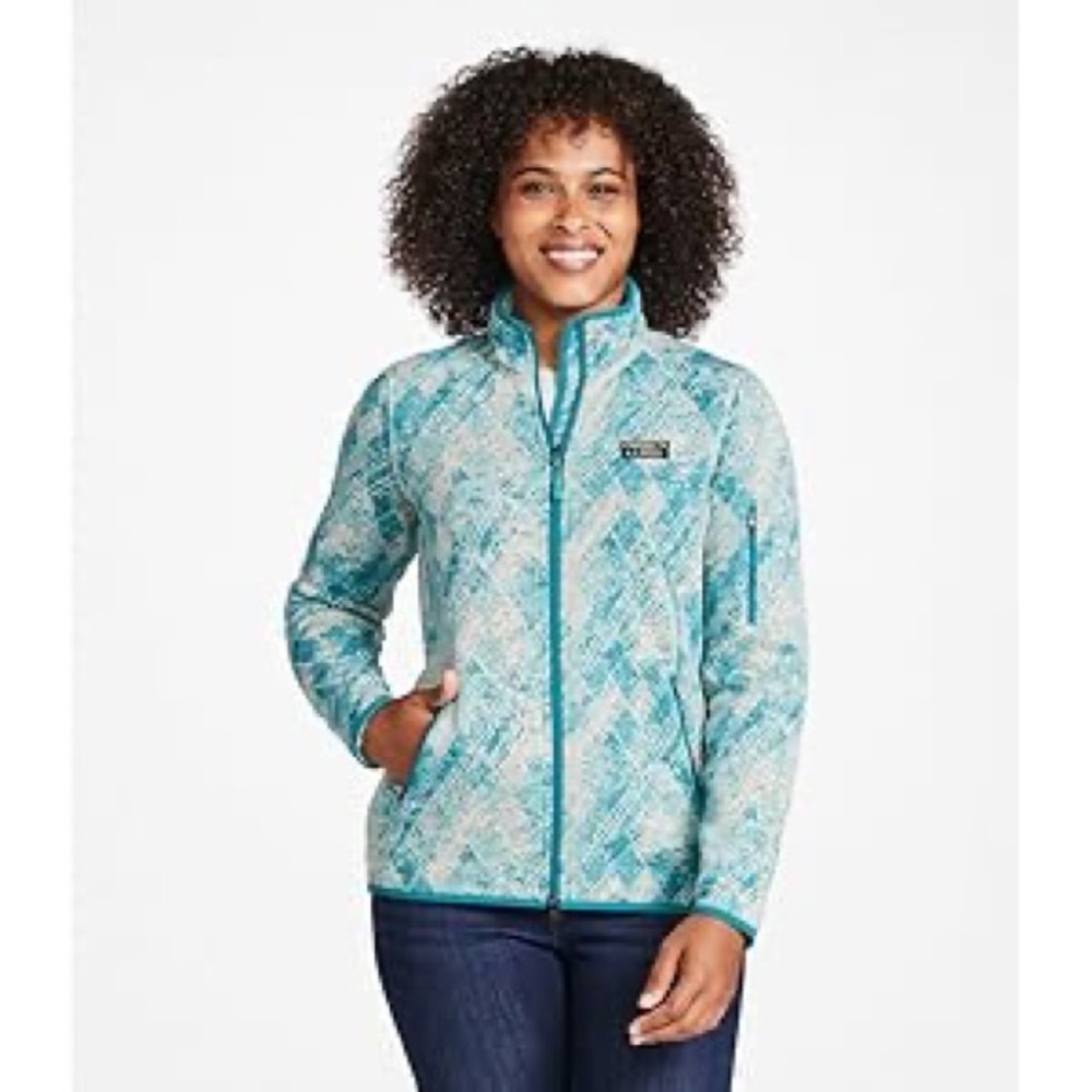 L.L.Bean Women’s Small Sweater Fleece Jacket Teal Gray Argyle Full Zip NWOT‎